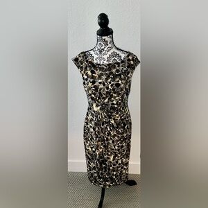 Connected Apparel Mix Print Gathered Black and Gold Dress